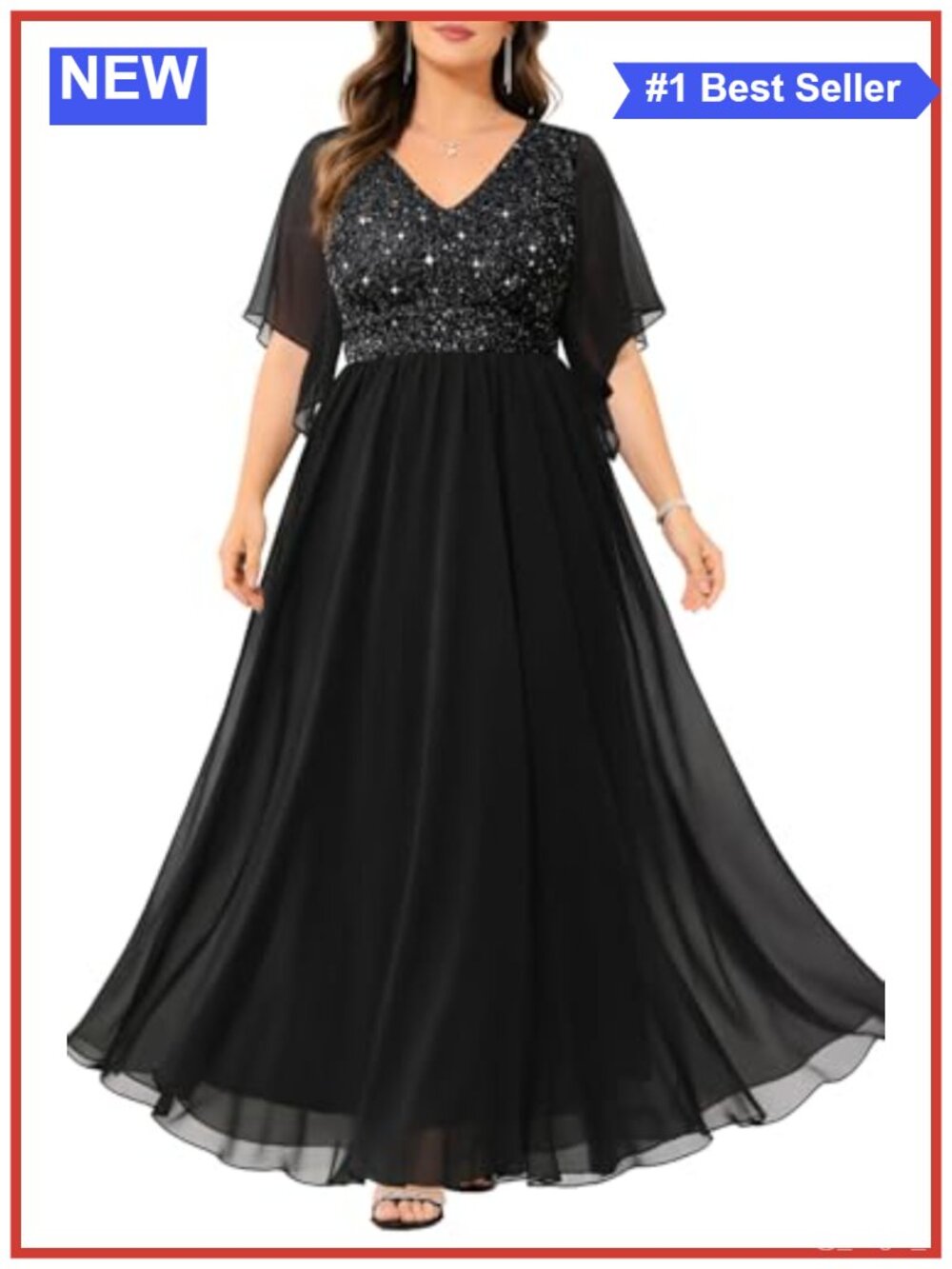 Plus Size Formal Evening Gown Sequin Bodice Cape Sleeve Floor Length Dress